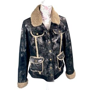 One Girl Who Women’s Genuine Leather Moto Jacket M Snap Button Long Sleeve Y2K